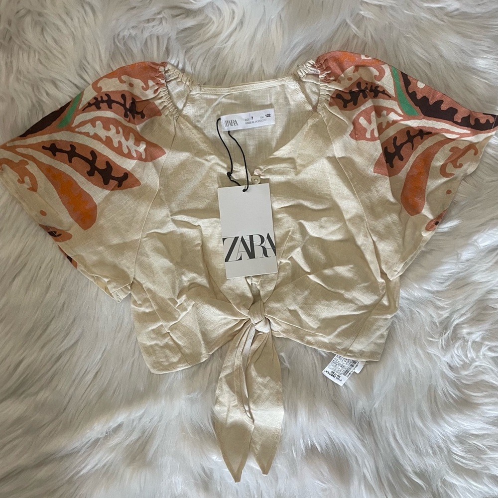 Zara Girls Tie Front Linen Blend Top